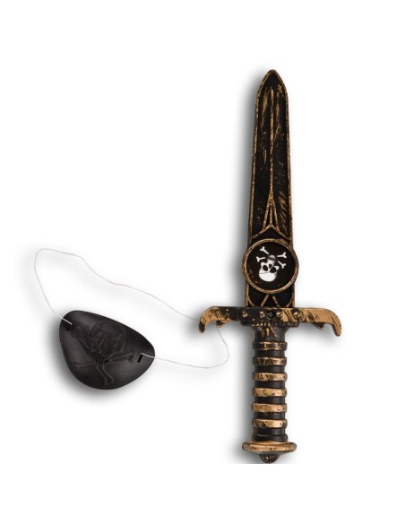 Pugnale pirata decorativo con benda nera per occhio, accessorio costume corsaro lunghezza 22 cm