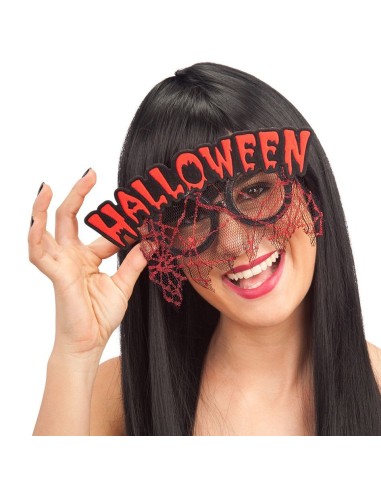 Occhiali Halloween rossi con scritta e pizzo nero indossati da donna per feste horror