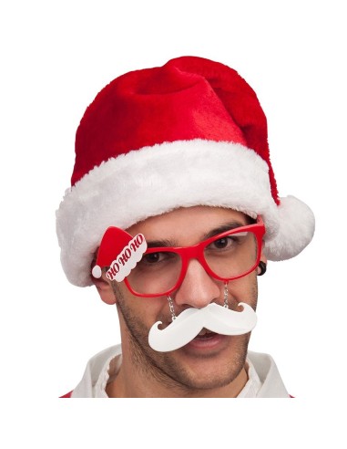 Occhiali rossi Babbo Natale con baffi bianchi e montatura in plastica per travestimenti natalizi