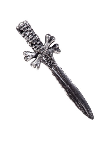 Pugnale decorativo con teschio e ossa sul manico, lama grigia, accessorio costume horror pirata
