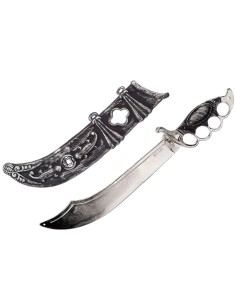 Sciabola pirata argentata con fodero nero decorato e impugnatura ergonomica per costumi