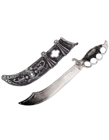 Sciabola pirata argentata con fodero nero decorato e impugnatura ergonomica per costumi