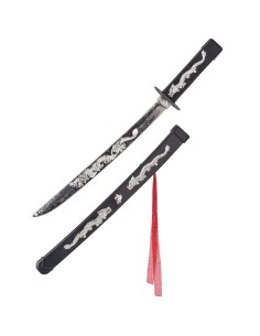 Spada samurai katana con fodero nero decorato e cordino rosso per costume giapponese