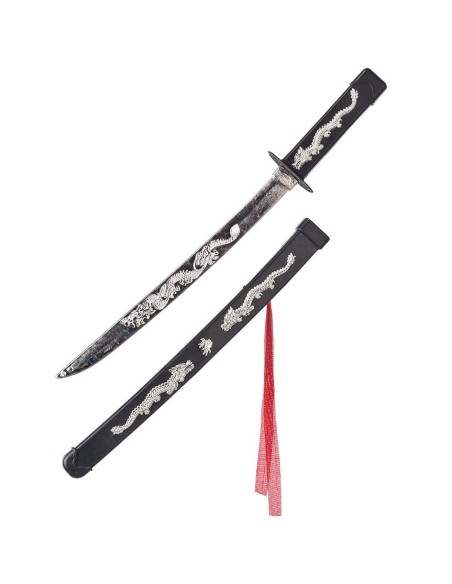 Spada samurai katana con fodero nero decorato e cordino rosso per costume giapponese