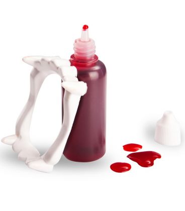 Sangue finto in bottiglia dentiera vampiro ml. 28 ca.