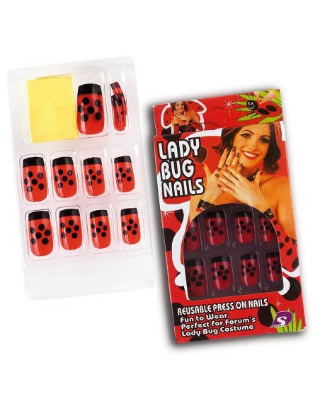 Unghie finte adesive rosse con pois neri tema coccinella per costume e travestimenti