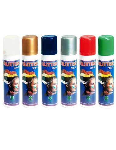 Spray glitter colorati per capelli in bombolette da 100ml con capsule oro, blu, argento, rosso e verde