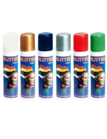 Spray glitter colorati per capelli in bombolette da 100ml con capsule oro, blu, argento, rosso e verde