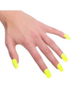 Unghie finte giallo fluorescente applicate su mano per costumi e feste a tema