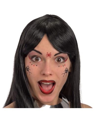 Decorazioni adesive viso ragnetto rosso per trucco Halloween con ragni e dettagli gotici applicati sul volto