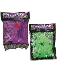 Ragnatele decorative viola e verde con ragni per allestimenti Halloween e feste horror