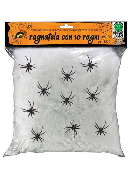 Ragnatela gigante bianca decorativa con 10 ragni neri per allestimenti Halloween horror