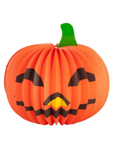 Zucca Halloween di carta arancione pieghevole con volto intagliato e gambo verde diametro 25cm