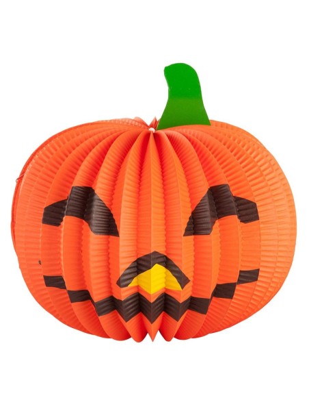 Zucca Halloween di carta arancione pieghevole con volto intagliato e gambo verde diametro 25cm