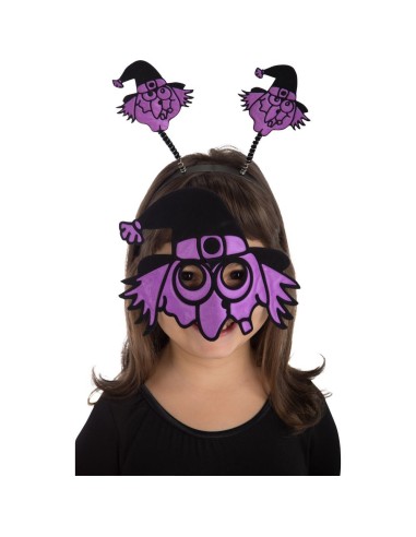Set strega viola con maschera rifrangente e cerchietto con mini streghe per Halloween