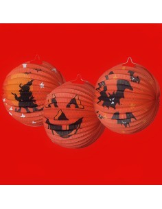Globi decorativi Halloween arancioni con silhouette nere di pipistrelli streghe e zucche
