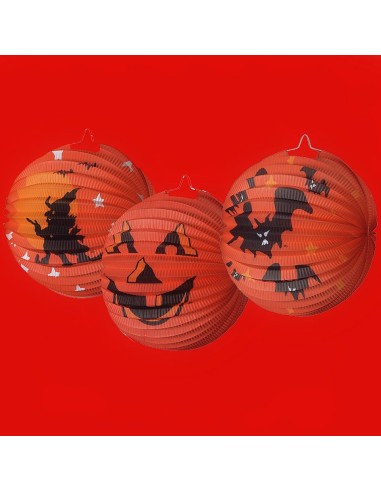 Globi decorativi Halloween arancioni con silhouette nere di pipistrelli streghe e zucche