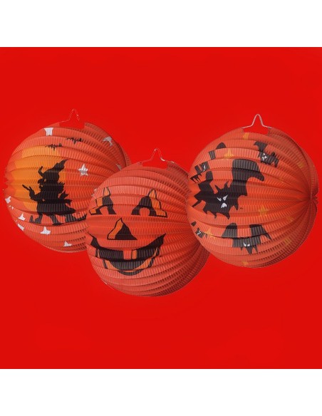 Globi decorativi Halloween arancioni con silhouette nere di pipistrelli streghe e zucche