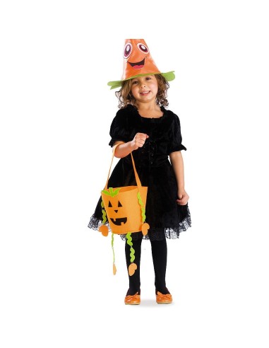 Bambina con borsa zucca feltro arancione Halloween secchiello porta dolci accessorio costume
