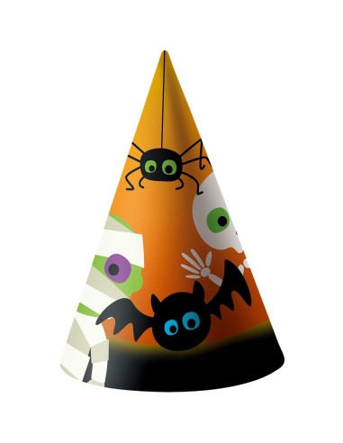 Set 6 cappellini Halloween arancioni decorati con ragni neri, pipistrelli e occhi mostruosi altezza 17cm