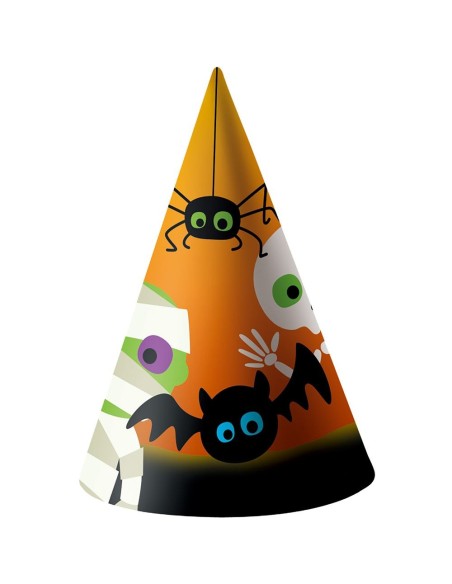 Set 6 cappellini Halloween arancioni decorati con ragni neri, pipistrelli e occhi mostruosi altezza 17cm