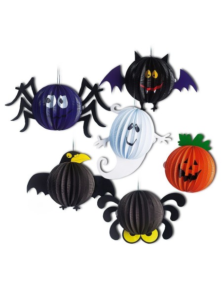 Set 5 globi decorativi Halloween da 30cm: ragno, pipistrelli, fantasma e zucca colorati per festa