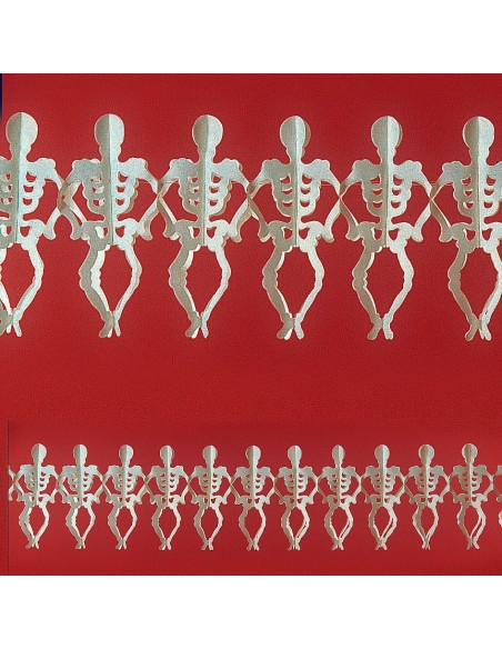 Festone decorativo Halloween con scheletrini bianchi su sfondo rosso lungo 300 cm per feste horror