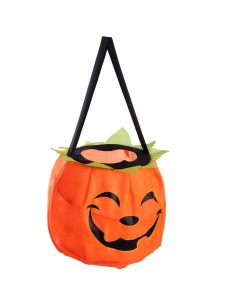 Borsina Halloween a forma di zucca arancione con viso sorridente e manico nero per dolcetto o scherzetto