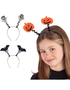 Cerchietti Halloween con zucche arancioni, fantasmi bianchi e pipistrelli neri su spirali per feste a tema