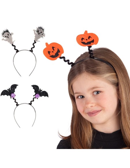 Cerchietti Halloween con zucche arancioni, fantasmi bianchi e pipistrelli neri su spirali per feste a tema