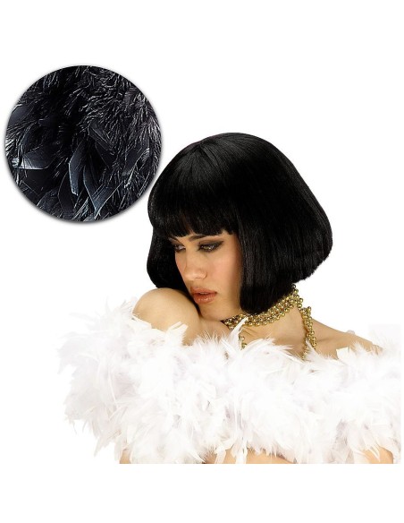 Boa di piume nero lungo 180 cm indossato da donna con parrucca nera per feste vintage