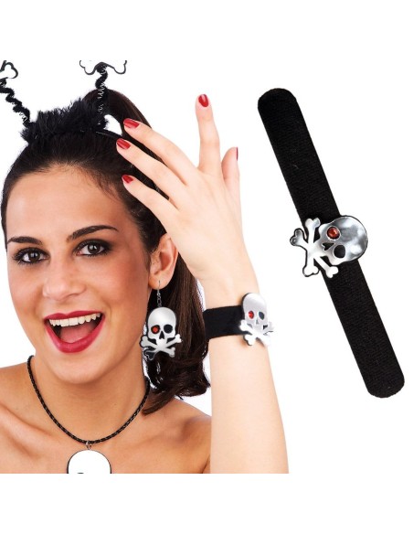 Bracciale nero a scatto con teschio specchiato cromato per costume Halloween rock gothic