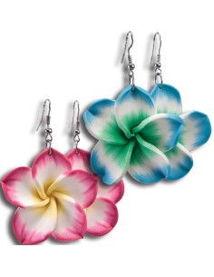 Orecchini fiore hawaiani colorati rosa e blu con ganci argentati per feste tropicali
