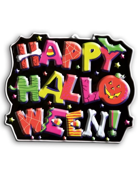 Poster Happy Halloween colorato con lettere in rilievo multicolore zucche pipistrelli decorazione horror 45x55cm