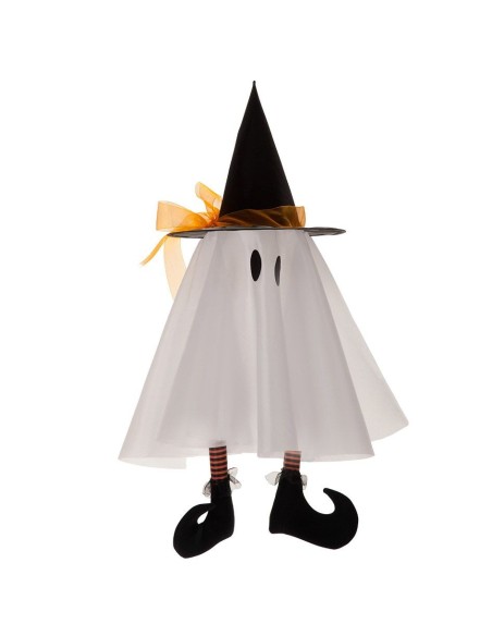 Fantasmino bianco decorativo con cappello da strega nero e gambette pendenti per Halloween