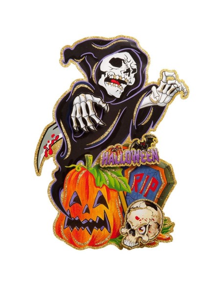 Poster Halloween decorativo con morte incappucciata, teschi e zucca arancione su sfondo nero glitterato