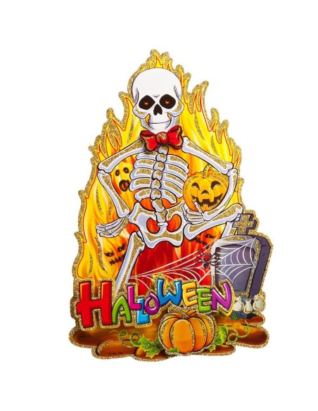 Poster Halloween scheletro con fiamme e zucche carta rilievo glitter 45x30cm decorazione horror