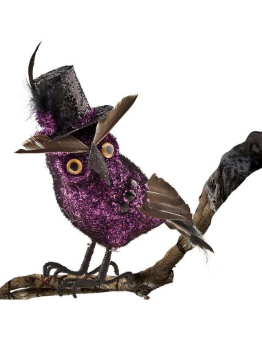 Gufo decorativo glitter viola con cappello nero e piuma, ornamento Halloween da 15 cm