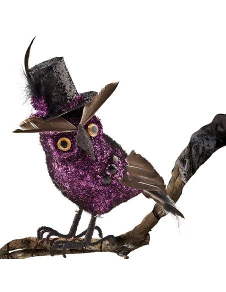 Gufo decorativo glitter viola con cappello nero e piuma, ornamento Halloween da 15 cm