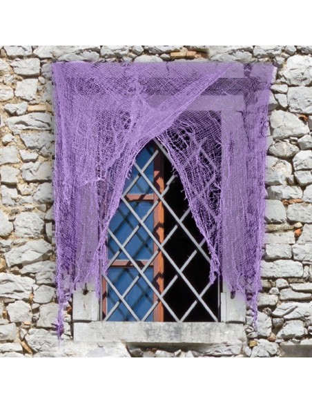Tenda stracciona viola da 200x75 cm per decorazioni Halloween e feste horror con tessuto logoro