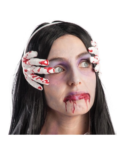 Cerchietto con mani insanguinate horror per costumi Halloween e feste a tema zombie