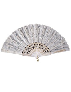 Ventaglio bianco decorato in tessuto pieghevole per costume d'epoca e feste in maschera