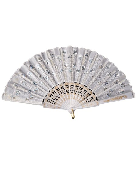 Ventaglio bianco decorato in tessuto pieghevole per costume d'epoca e feste in maschera