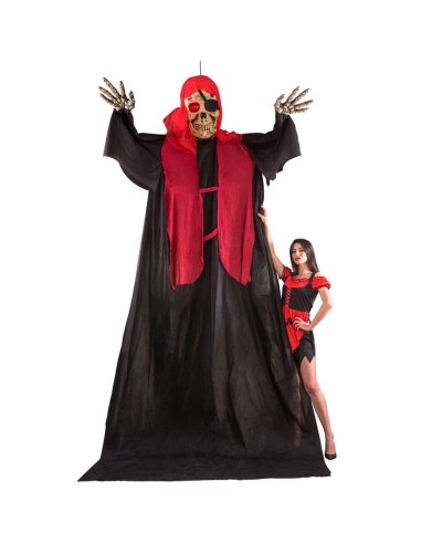 Scheletro pirata gigante nero e rosso da appendere con occhi luminosi e mantello per decorazioni Halloween
