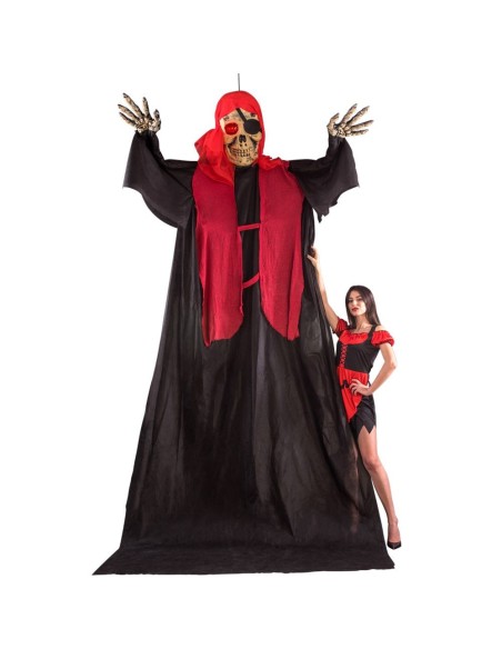 Scheletro pirata gigante nero e rosso da appendere con occhi luminosi e mantello per decorazioni Halloween