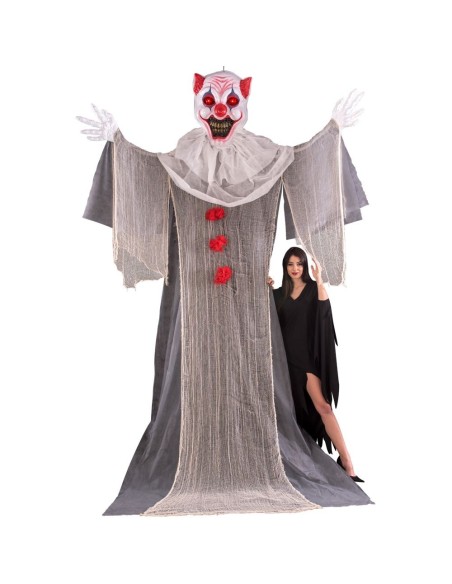 Clown horror gigante 360 cm da appendere con mantello grigio e occhi luminosi per Halloween decorazioni spaventose