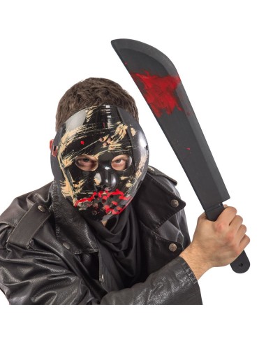 Set horror hockey con maschera sanguinolenta e machete nero per costume Halloween spaventoso