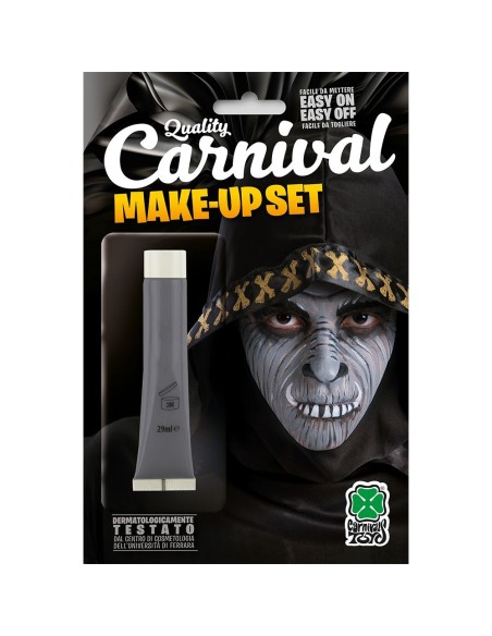 Tubetto fondotinta grigio per makeup teatrale e horror da 28,3ml su sfondo scuro con maschera spaventosa