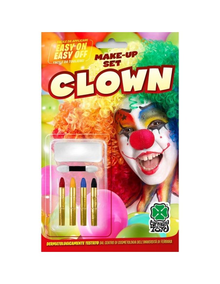 Set make-up clown con fondotinta bianco e 4 matite colorate per trucco teatrale e Carnevale