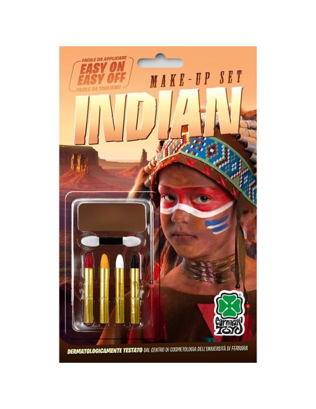 Set trucco indiano con fondotinta marrone e matite colorate per makeup nativo americano